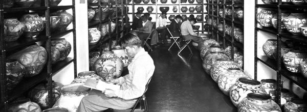 Historic photo of the collections storage area in the Laboratory of Anthropology